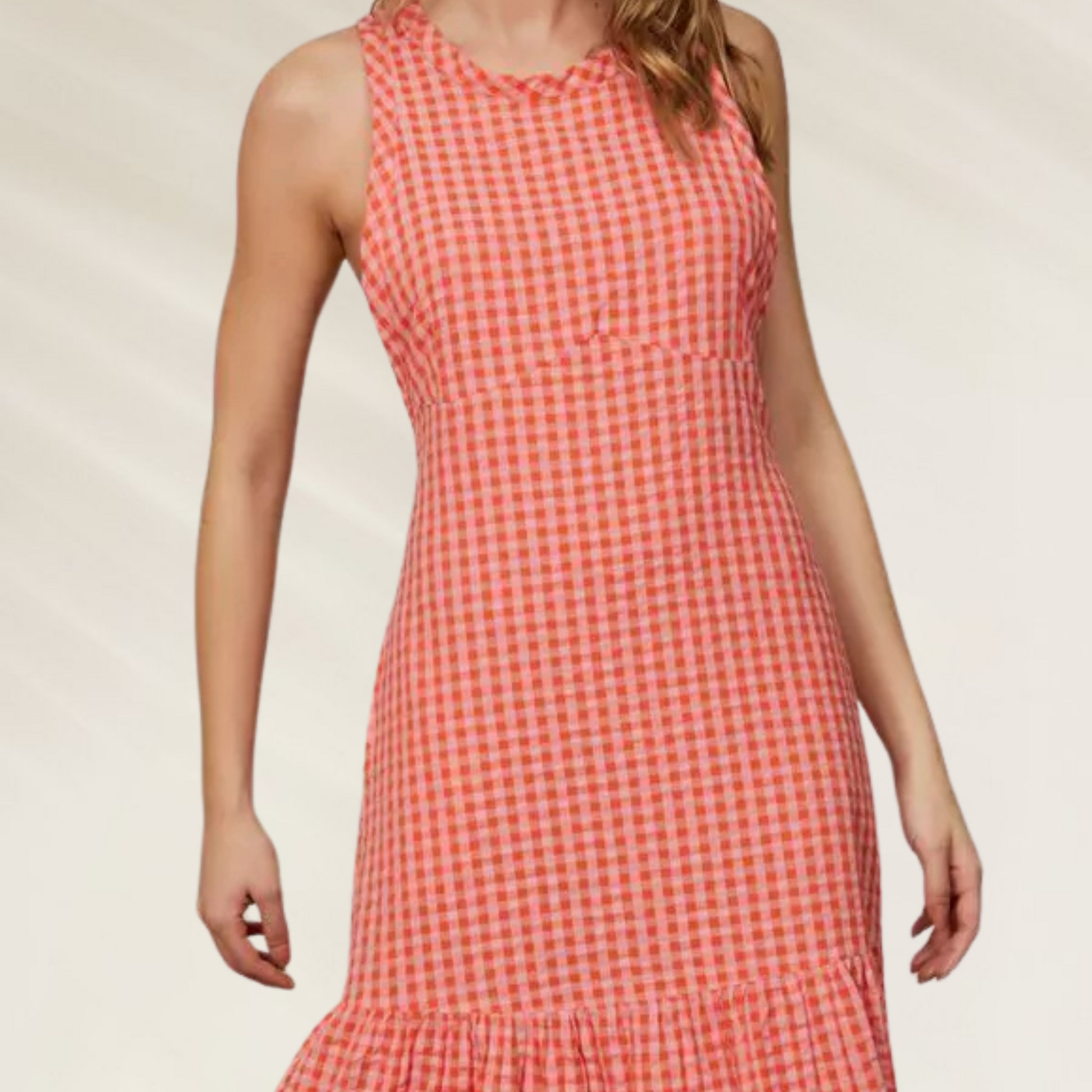 Vestido Longo em Algodão com Alças Cruzadas – Estampa Vichy Coral Animale Brasil com corte justo e bainha rodada