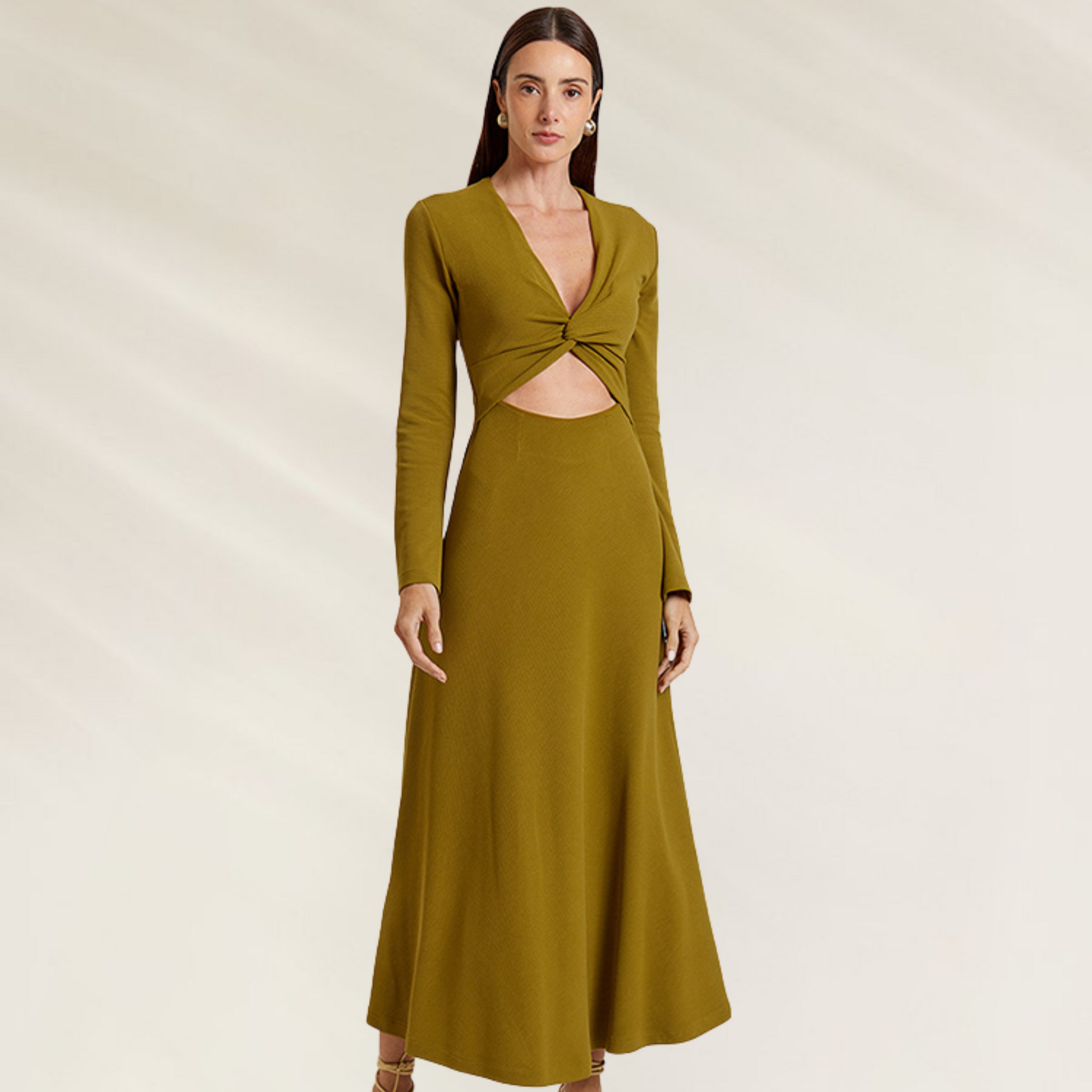 Vestido Midi com Top Torcido Verde Figo – Animale Brasil em tecido fluido com recorte e mangas longas