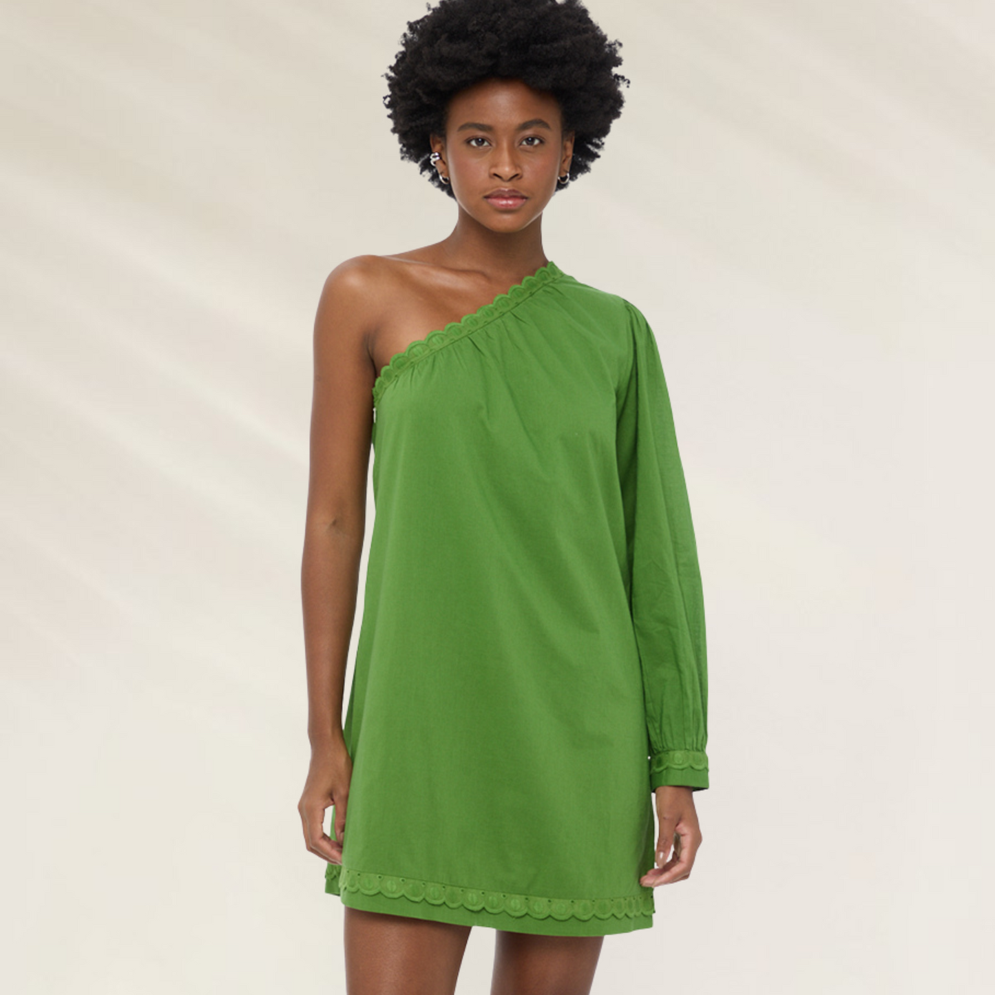Vestido Verde Um Ombro Só com Bordado Ilhós – Animale Brasil vestido curto feminino com manga longa e detalhe bordado