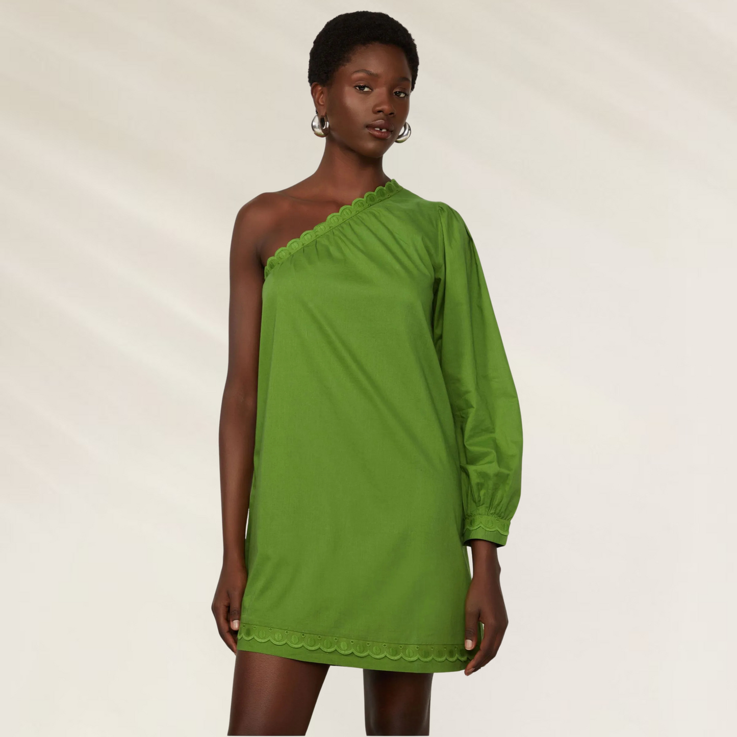 Vestido Verde Um Ombro Só com Bordado Ilhós – Animale Brasil em tecido leve com manga longa e detalhe bordado
