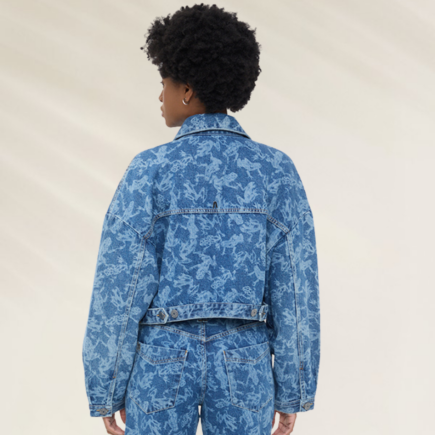 Casaco Jaqueta Jeans Cropped Estampa Frog – Animale Jeans vista de trás com estampa azul clara