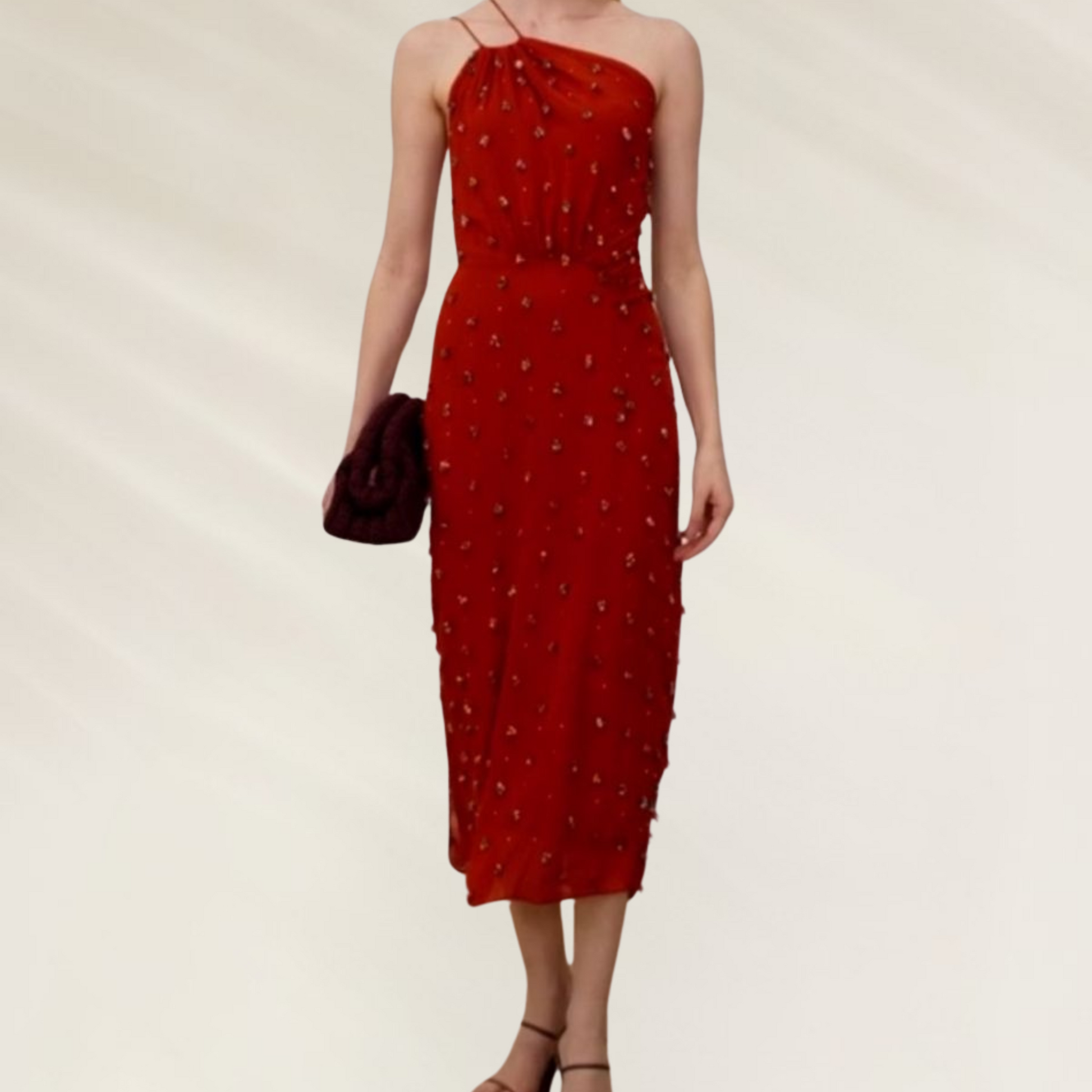 Vestido de Festa Bordado Animale vermelho longo com alças finas e detalhes bordados femininos
