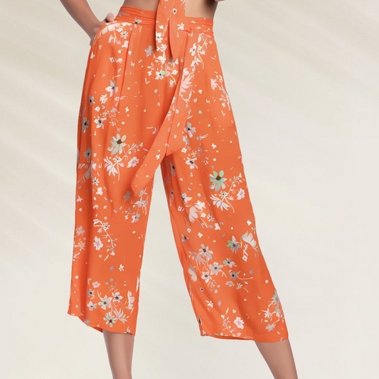 Calças Laranja Floral Maaji – Cintura Alta com Bolsos Laterais, estilo leve e elegante para look casual
