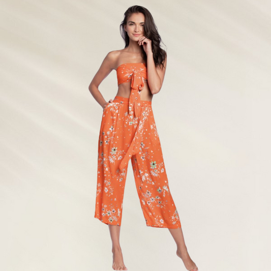 Calças Laranja Floral Maaji – Cintura Alta com Bolsos Laterais, perfeitas para um look descontraído