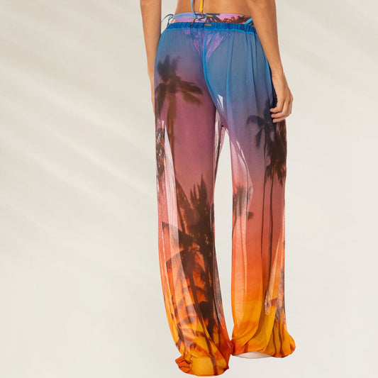 Calças Peach Drift Maaji com estampa vibrante de palmeiras e design leve para conforto no verão