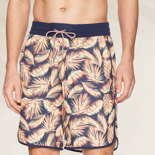 Calções de Banho Homem Maaji Palm Navy com estampa de folhas em tons vibrantes e cordão ajustável
