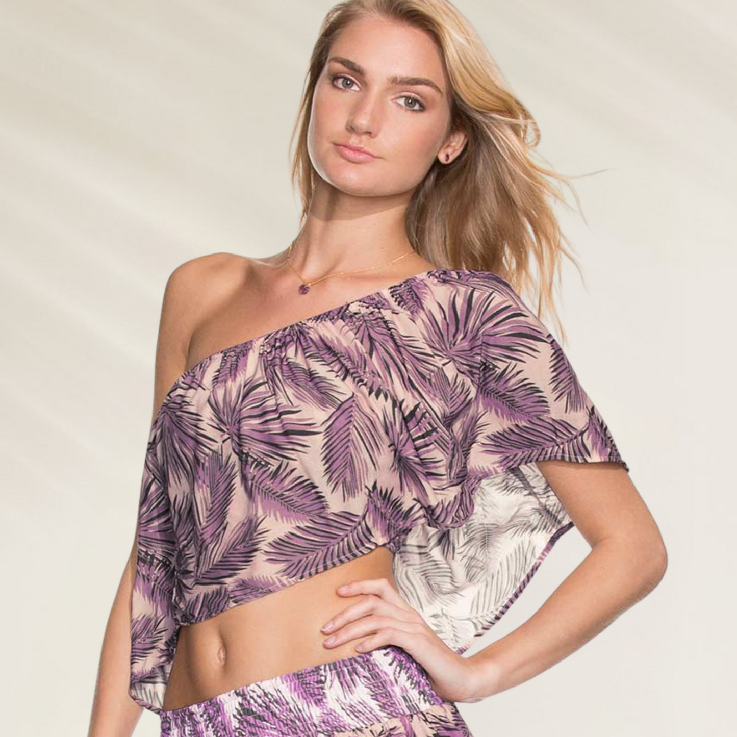 Conjunto Maaji Crop Top & Saia – Top ombro único com estampa tropical em tons de roxo e rosa