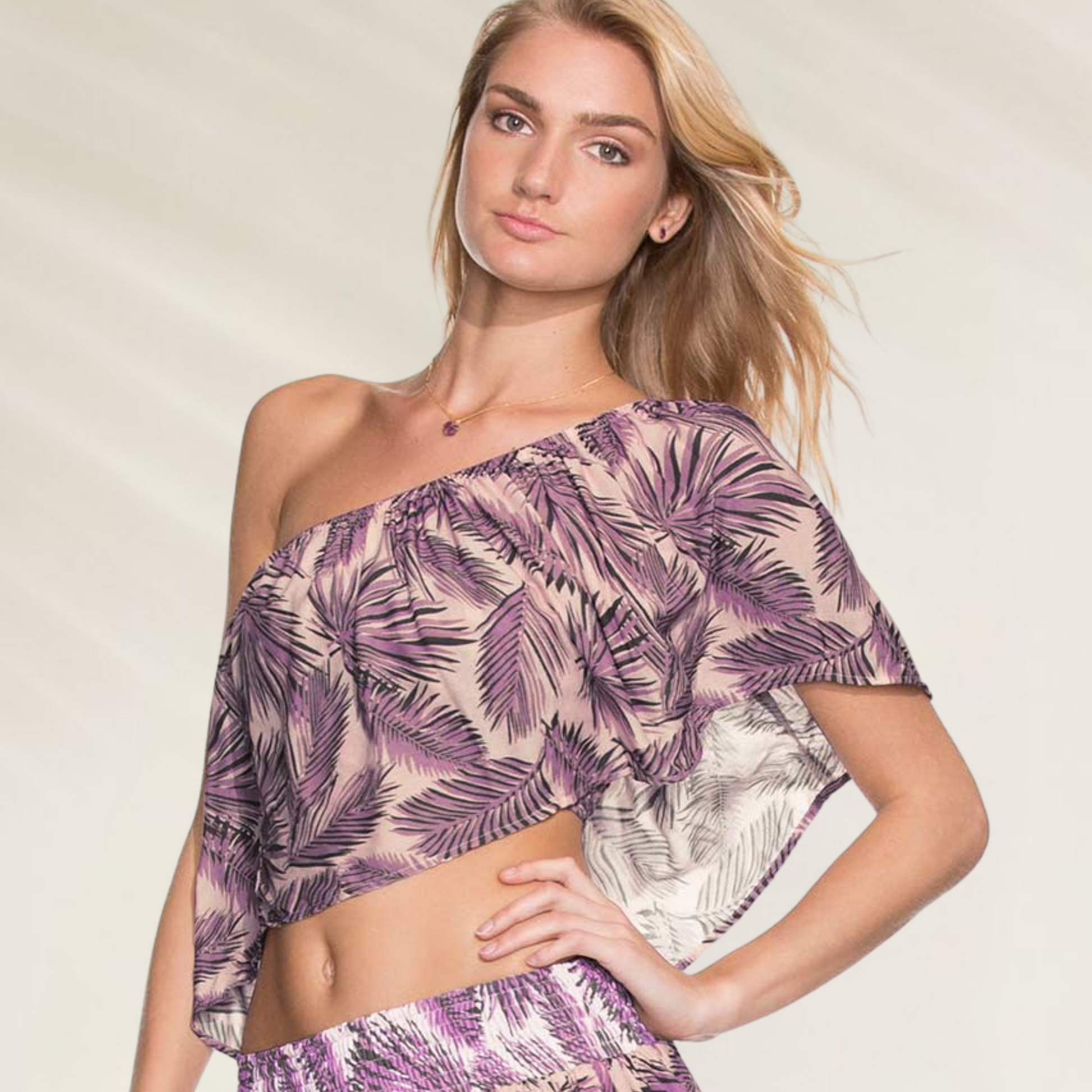 Conjunto Maaji Crop Top & Saia – Top ombro único com estampa tropical em tons de roxo e rosa