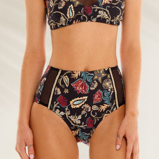 Cueca Alta Estampada com Detalhes em Mesh Cosita Linda preta com estampa floral colorida