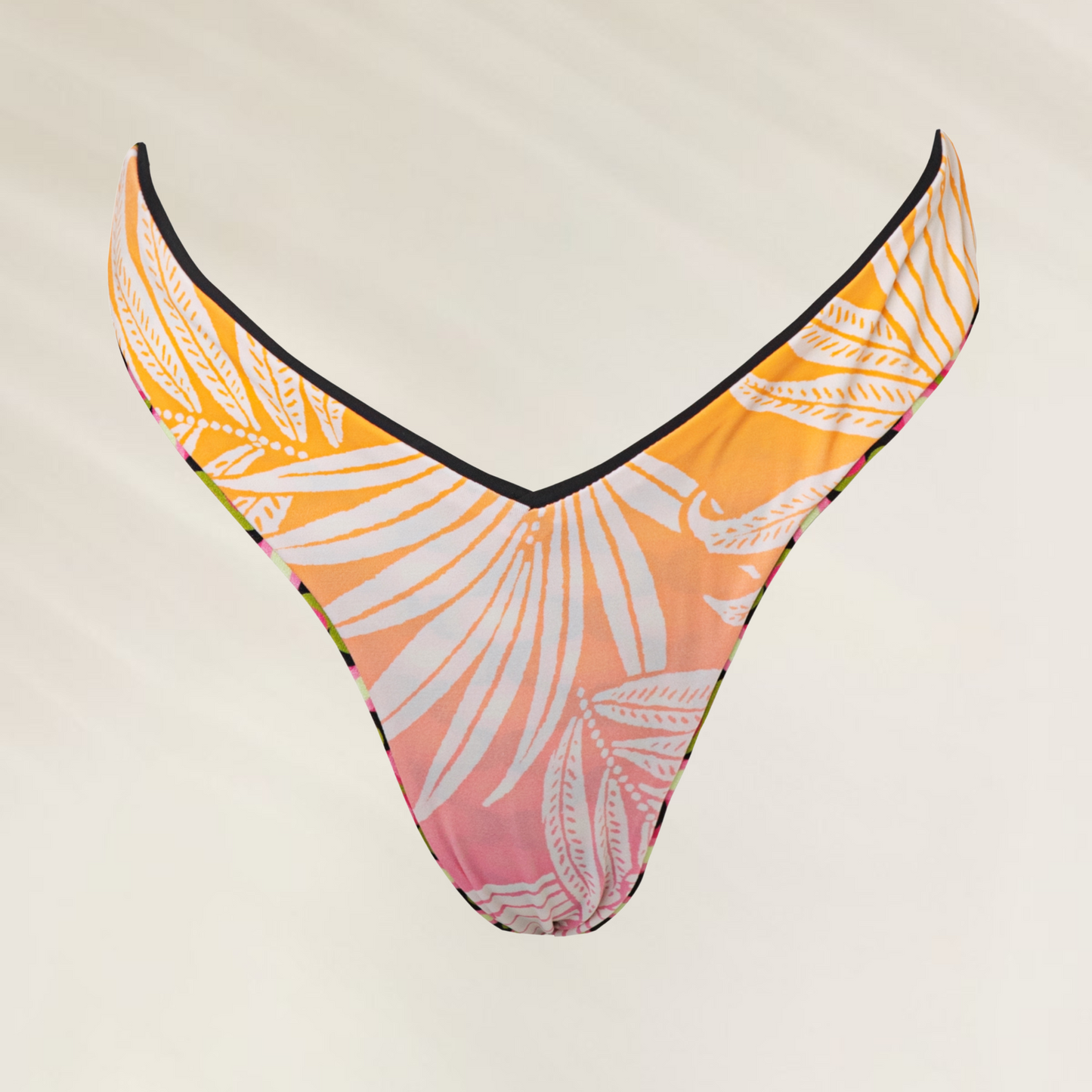 CUECA Reversivel Maaji Retro Prism Reagan em tons laranja e rosa com estampa de folhas tropicais