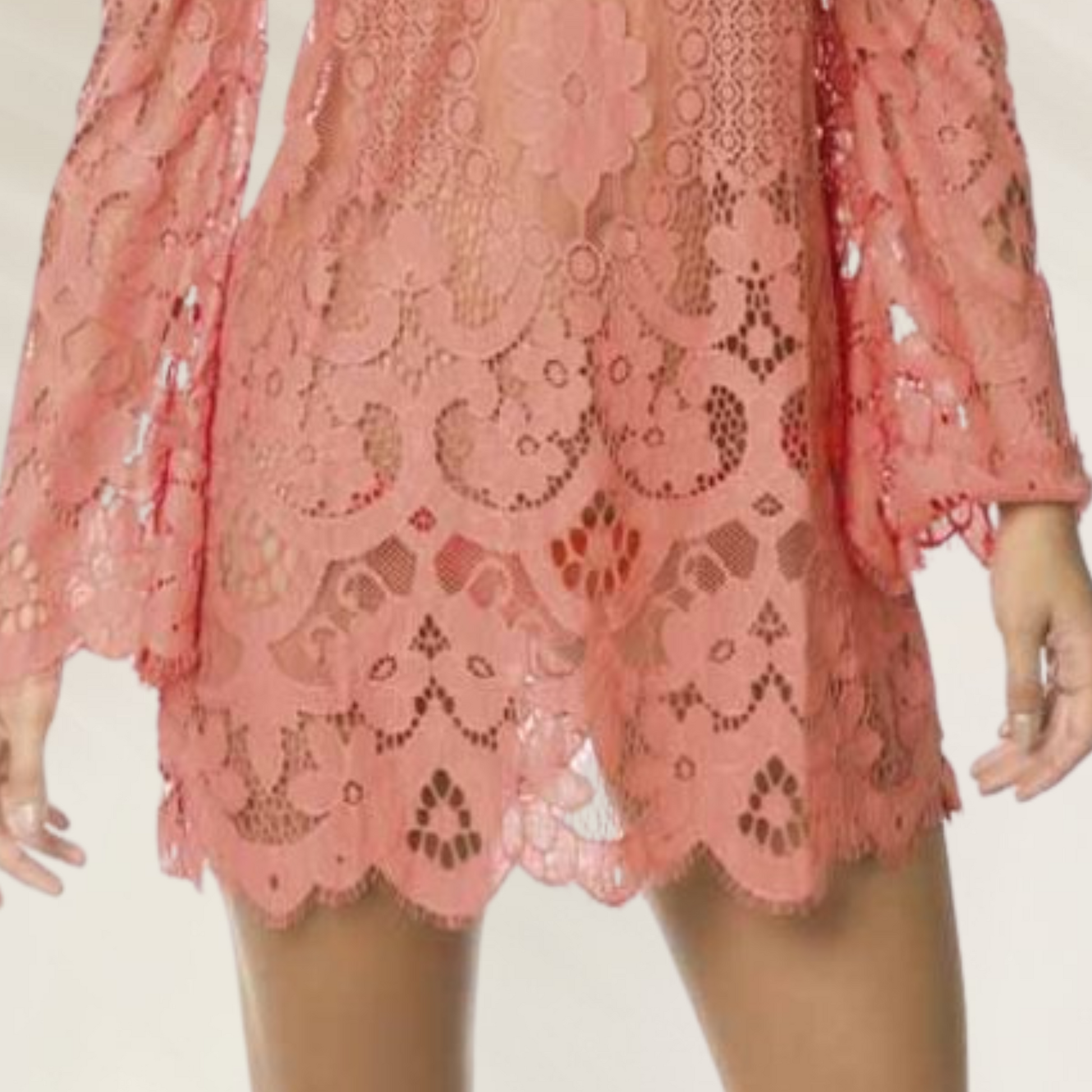 Vestido curto rendado Despi com decote em V e mangas longas em tom coral