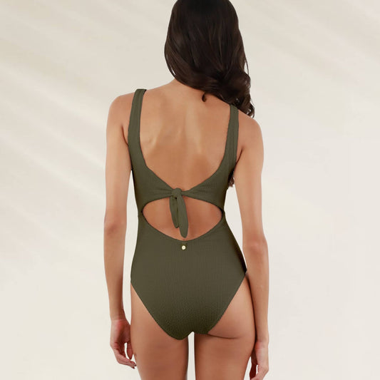 Fato de Banho Abertura Frontal Texturado em verde musgo com decote nas costas e laço