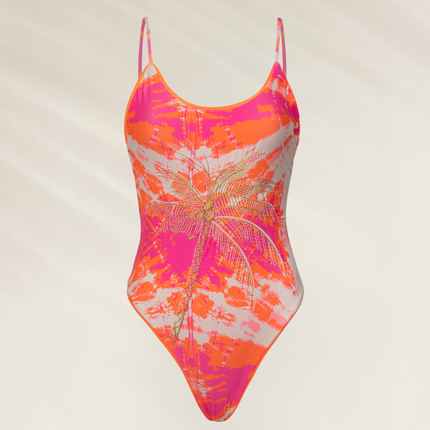 Fato de banho reversivel Maaji Flamingo Swirl Luster com estampa vibrante de palmeiras em tons de rosa e laranja
