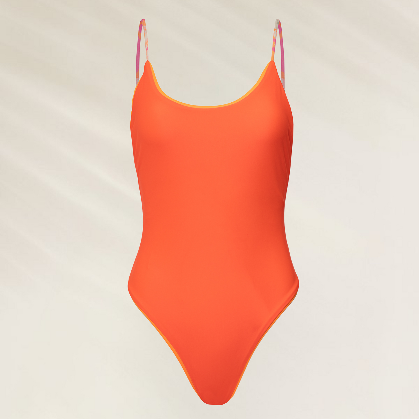 Fato de banho reversivel Maaji Flamingo Swirl Luster em laranja vibrante com detalhes coloridos