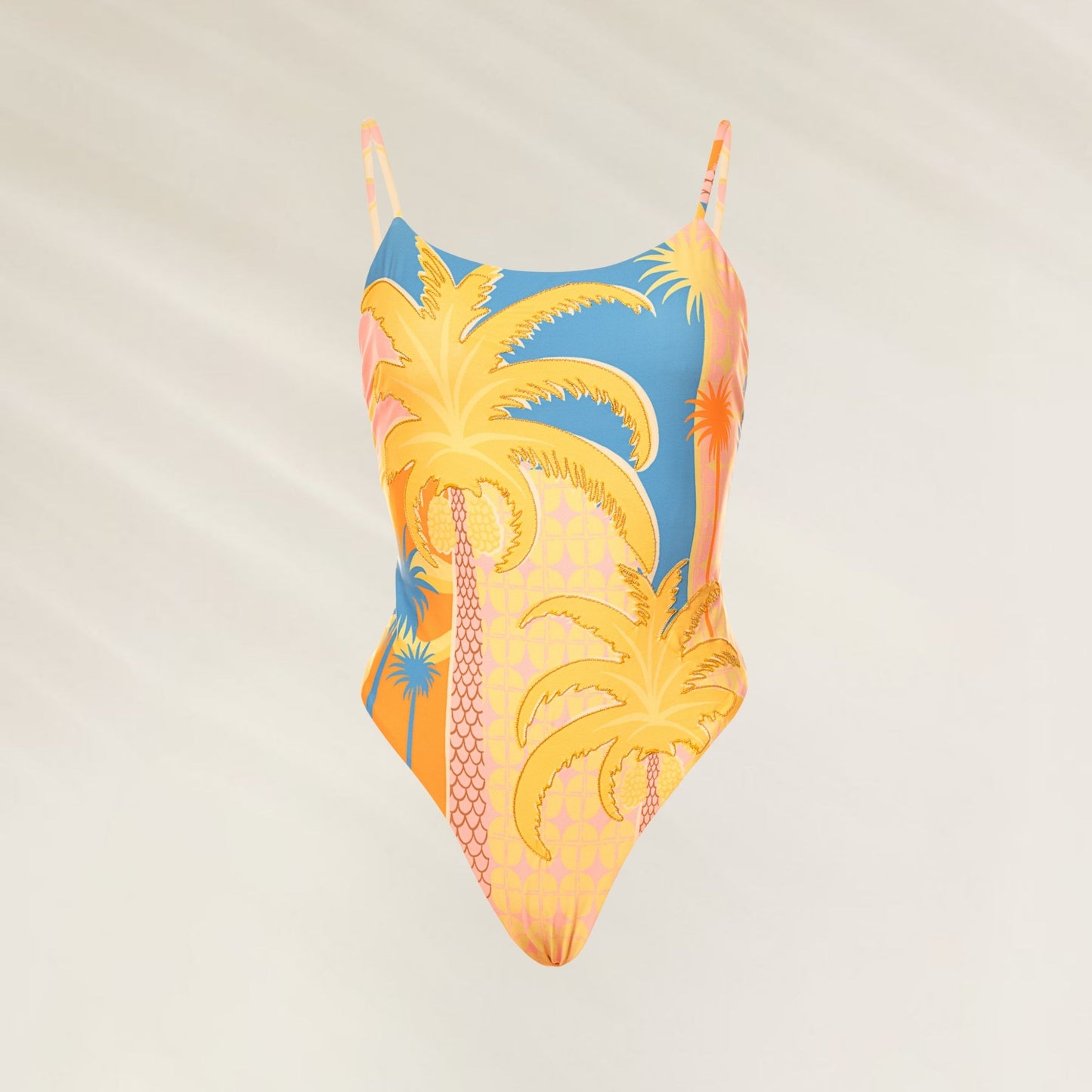 Fato de Banho Solar Bliss Luster da Maaji com estampa vibrante de palmeiras em tons de azul e laranja