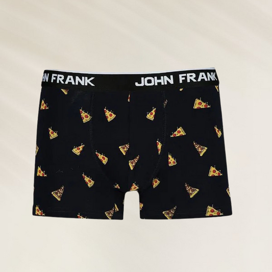 Boxer Homem John Frank – Edição Pizza com estampa de fatias de pizza em fundo preto.