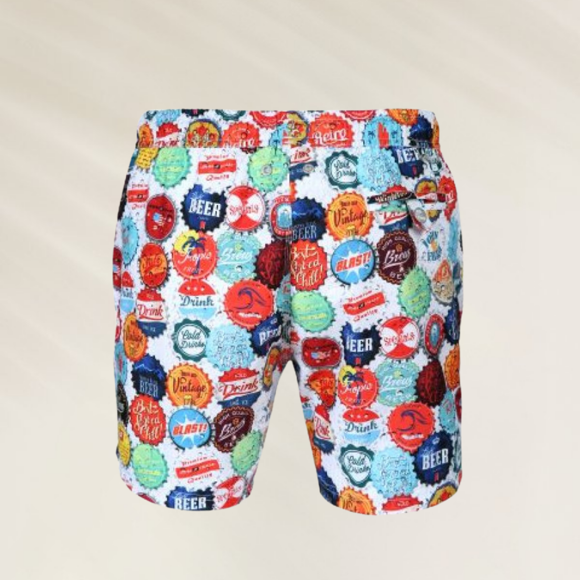 Calção de Banho Homem John Frank Beercap – Conforto Premium com estampa colorida de tampas de garrafa