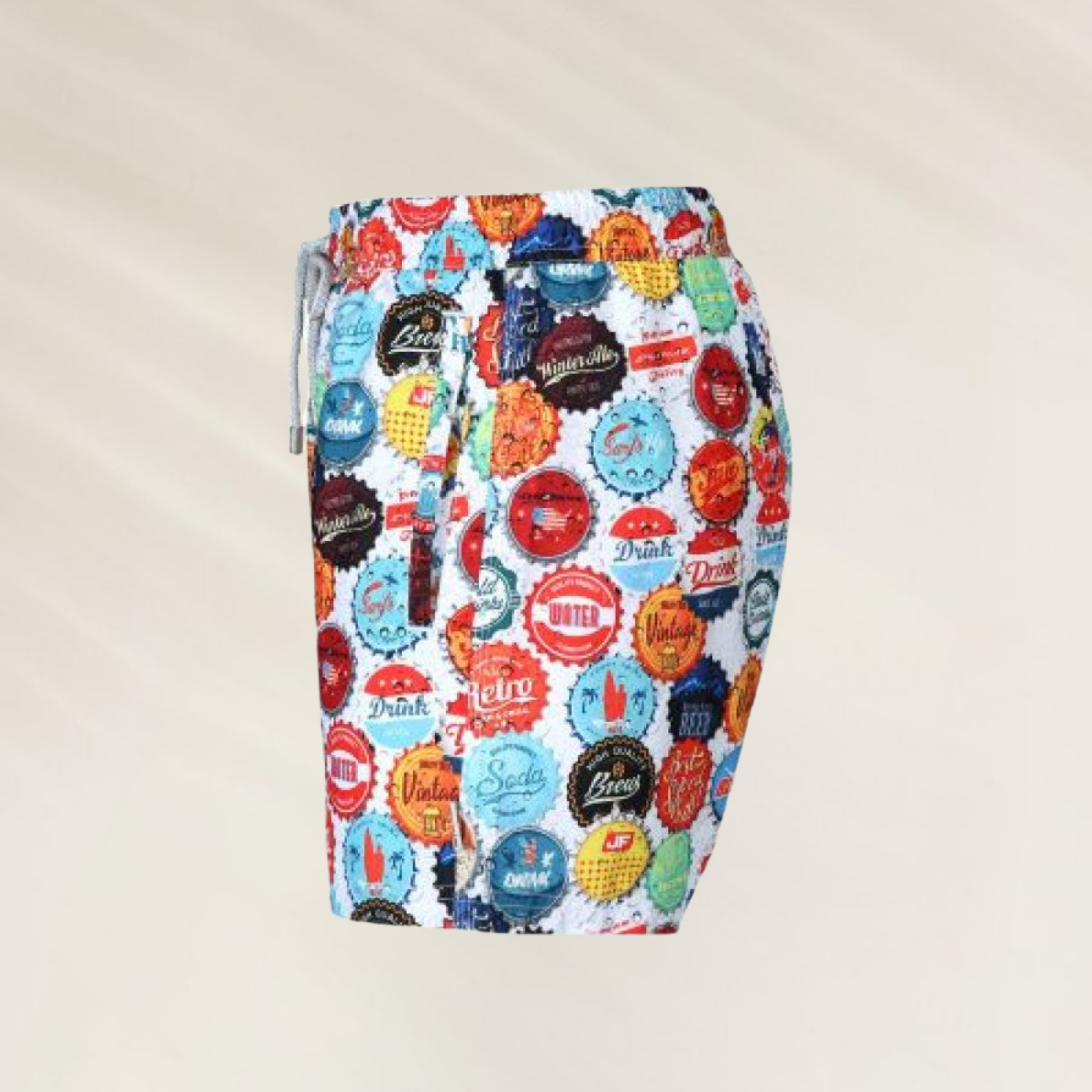 Calção de Banho Homem John Frank Beercap – Conforto Premium com estampas coloridas de tampas de garrafa