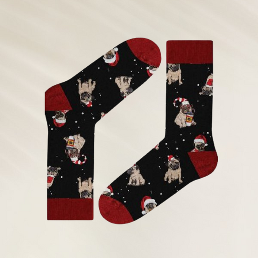 Meias longas Masculinas divertidas Pug da John Frank com estampa de pugs no Natal e fundo preto