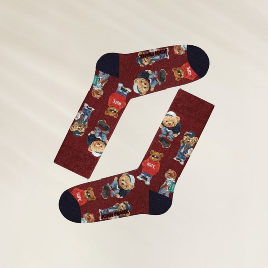 Meias longas Masculinas divertidas Teddy Hope da John Frank com estampas de ursos em fundo vermelho