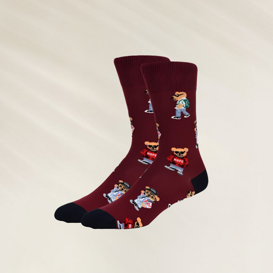 Meias longas Masculinas divertidas Teddy Hope da John Frank em fundo vinho com estampas coloridas.
