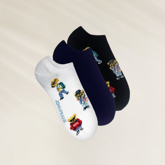 Pack 3 Meias Curtas divertidas Teddy da John Frank – Conforto Essencial com estampas coloridas e designs modernos