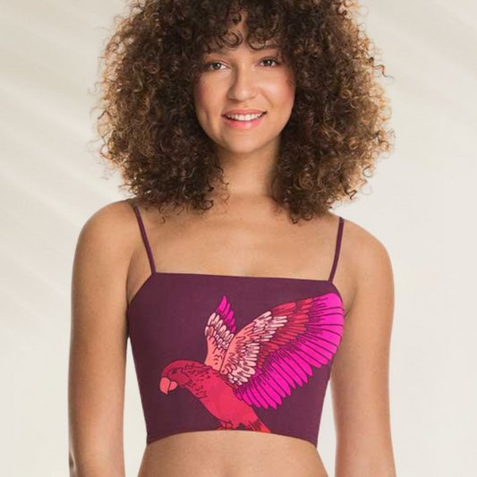 Crop Top Reversível Maaji – Estilo Tropical e Costas Cruzadas com estampa de pássaro rosa