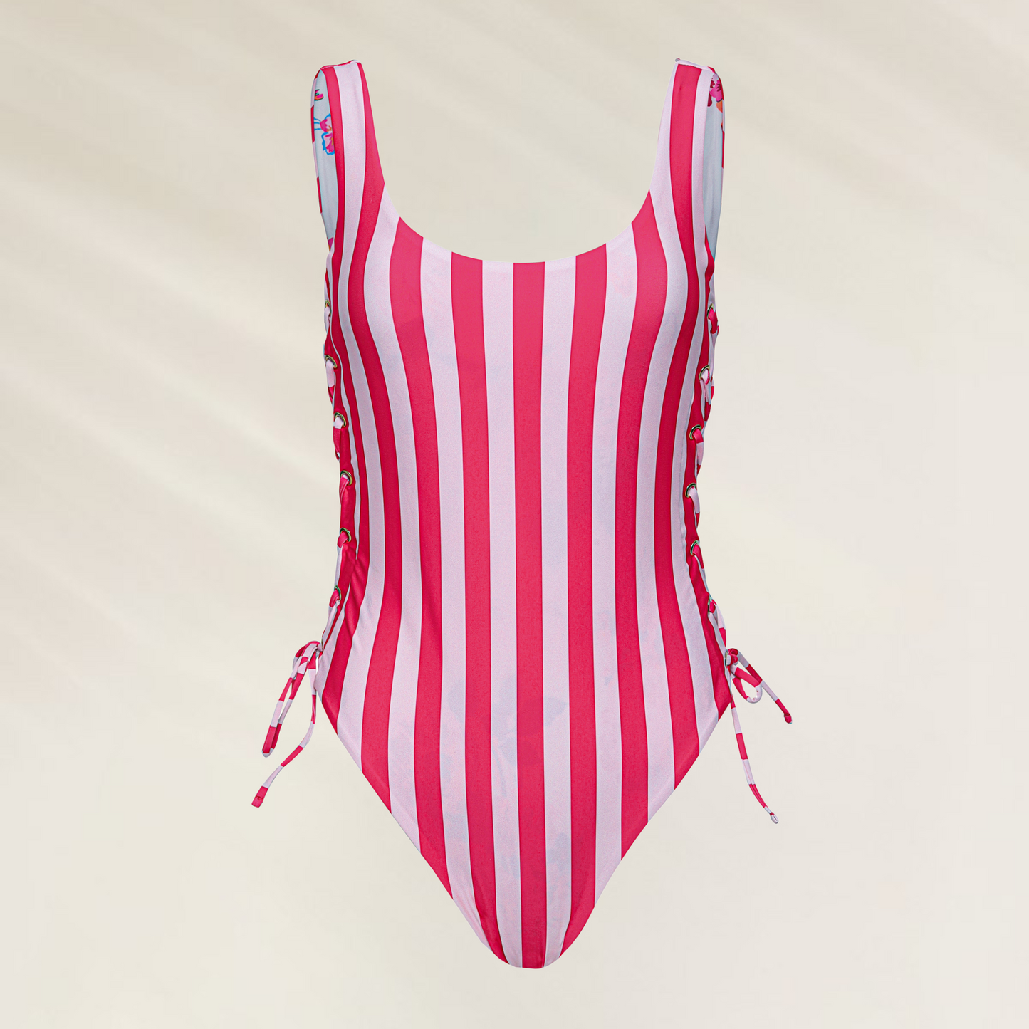 Fato de Banho Maaji Grape One Piece – Apple Stripes com riscas vermelhas e brancas e laterais ajustáveis