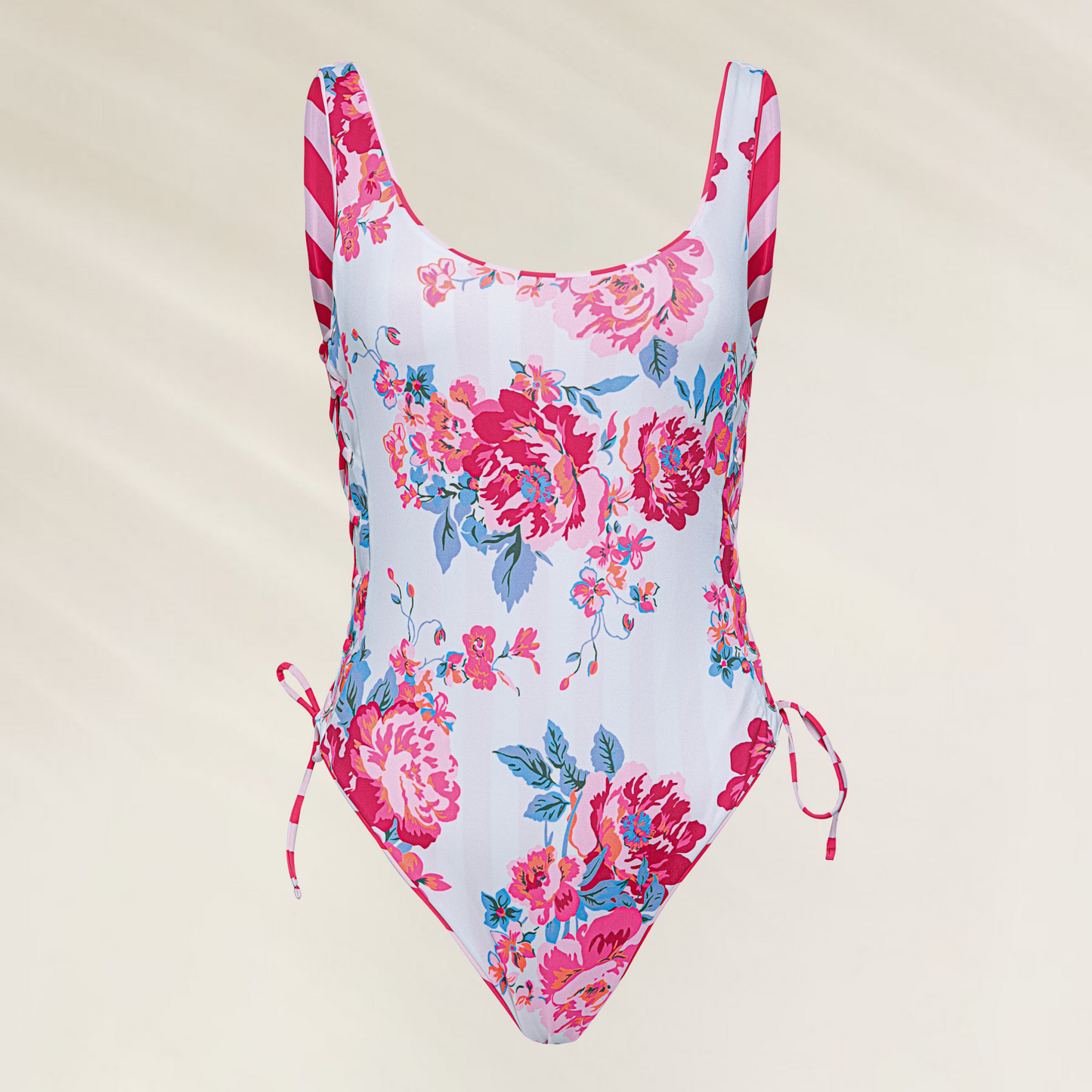 Fato de Banho Maaji Grape One Piece – Apple Stripes com flores rosas e listras vermelhas e brancas