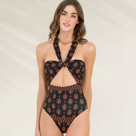 Fato de Banho Reversível Maaji Floral e Estampado Étnico em tons escuros com nó frontal