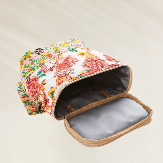 Lancheira Maaji com padrão Floral aberta mostrando o interior térmico espaçoso para alimentos