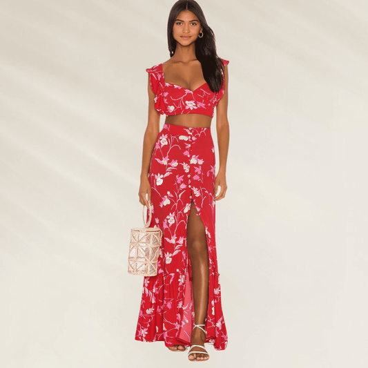 Saia Longa Maaji Floral – Feminina, Versátil e Elegante em vermelho com estampa floral e fenda frontal