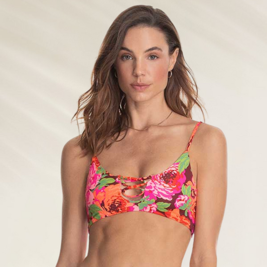 Top Bralette Reversível Maaji colorido com estampa floral vibrante e tiras finas para verão