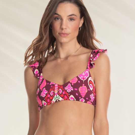 Top Reversível Bralette com Folhos Maaji em estampa colorida com detalhes em rosa e vermelho