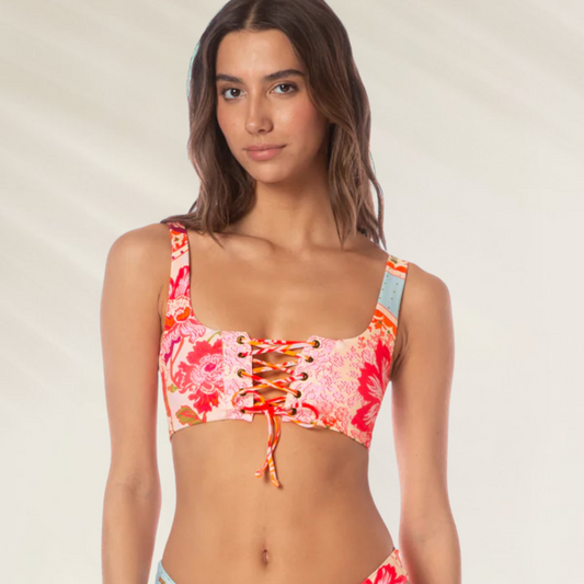 Top Reversivel Dazzle Maaji com estampa floral colorida e detalhe de amarração frontal