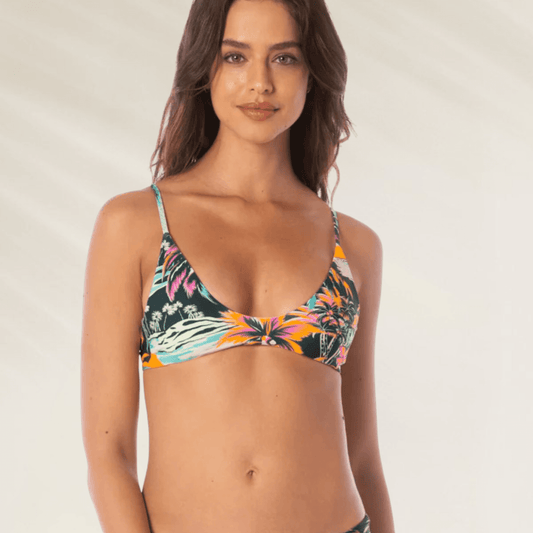 Top Reversível Maaji Creta – Palms Vibes com estampa tropical colorida em tom vibrante