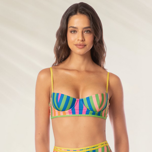 Top Violeta Balconette Reversível Maaji colorido com estampas listradas em fitas finas