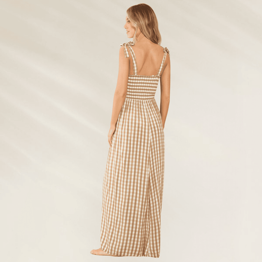 Vestido Comprido com Alças Ajustáveis Maaji em estampa xadrez bege e branco, modelo longo e leve