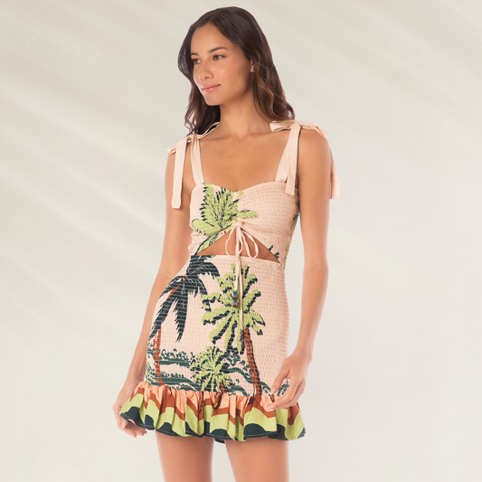 Vestido curto Maaji Palm Glow Lua com estampa tropical e saia com babados para verão