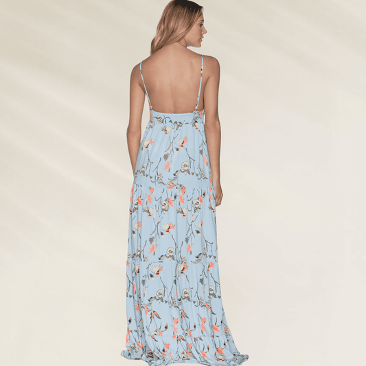 Vestido Longo Floral com Decote em V da Maaji, mostrando parte traseira e detalhes em flores coloridas