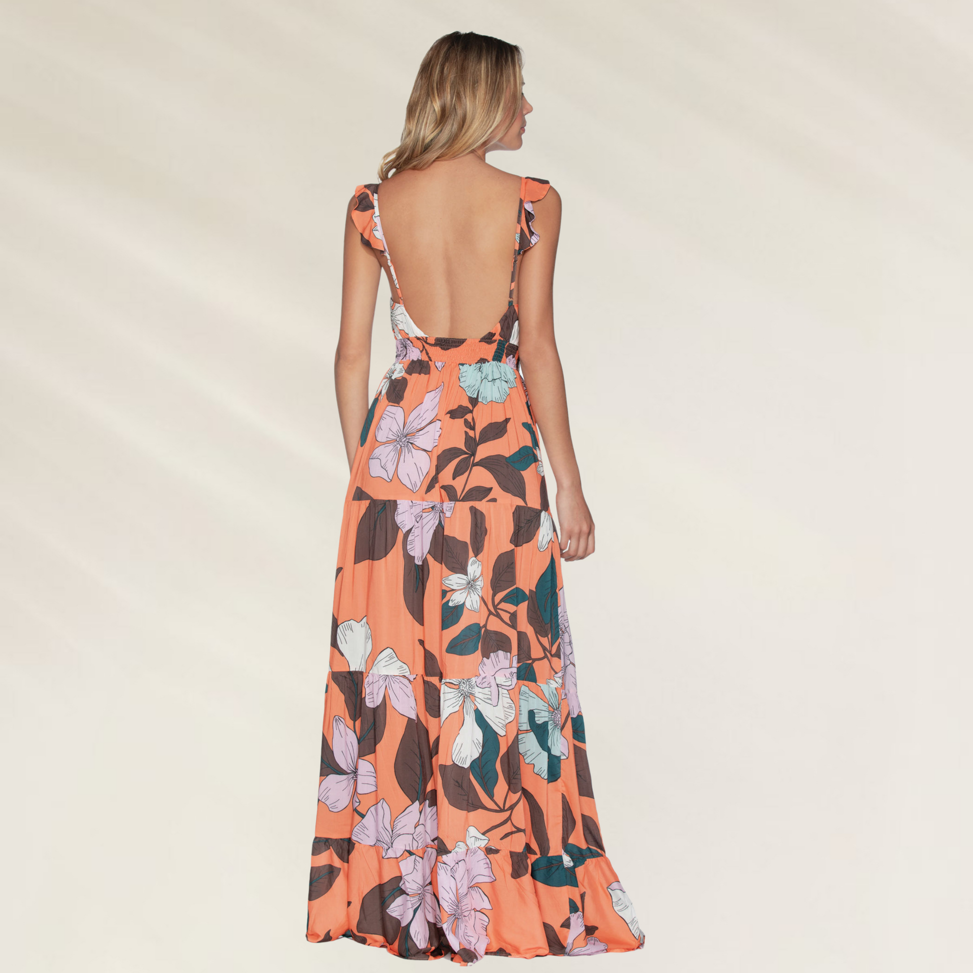 Vestido Longo Floral com Decote em V Maaji laranja com estampas grandes e costas abertas