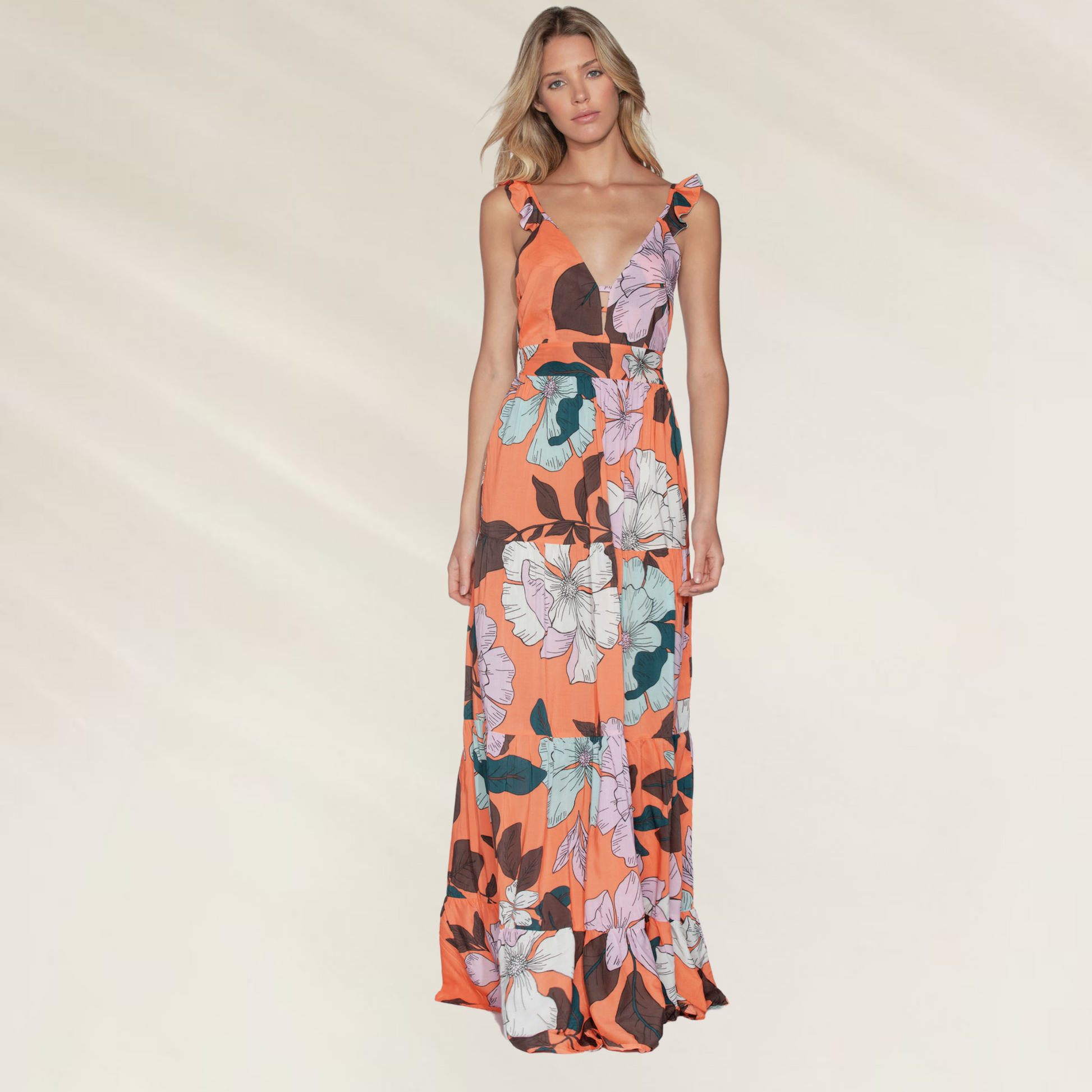 Vestido Longo Floral com Decote em V Maaji em tecido leve com estampa laranja e flores grandes coloridas