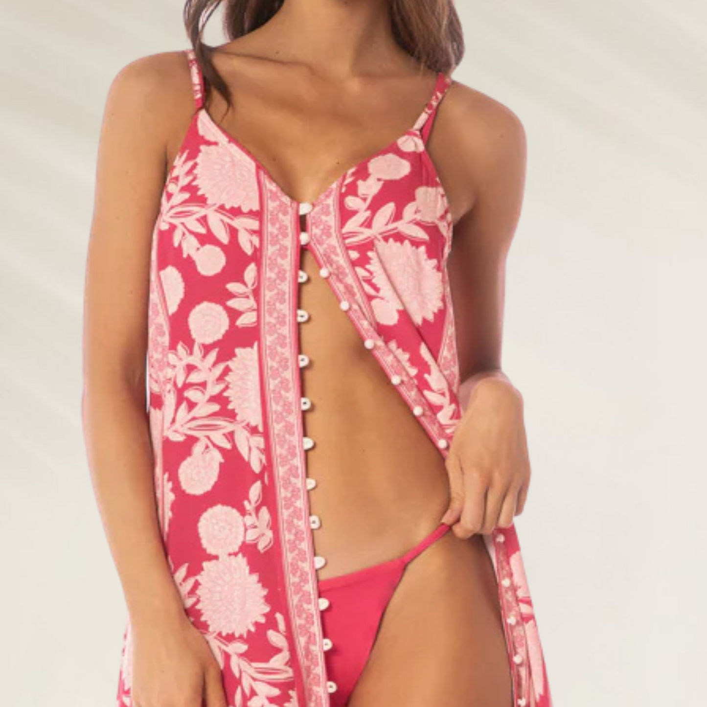 Vestido Longo Oasis Candy Flowery Maaji com estampa floral rosa e detalhes em botões frontais