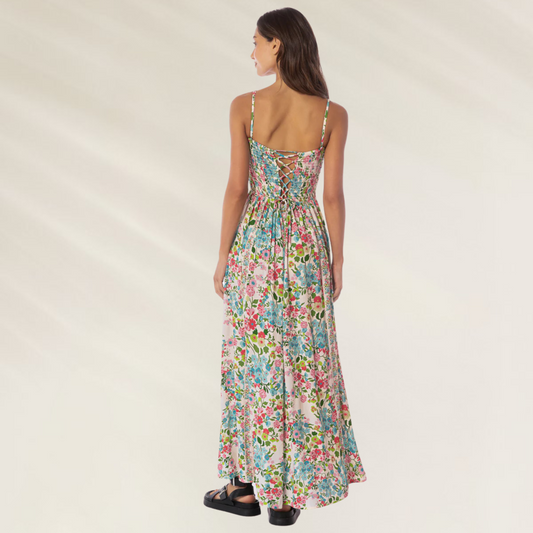 Vestido Longo Romina Floral Garden Maaji com estampa floral colorida e tiras finas nas costas