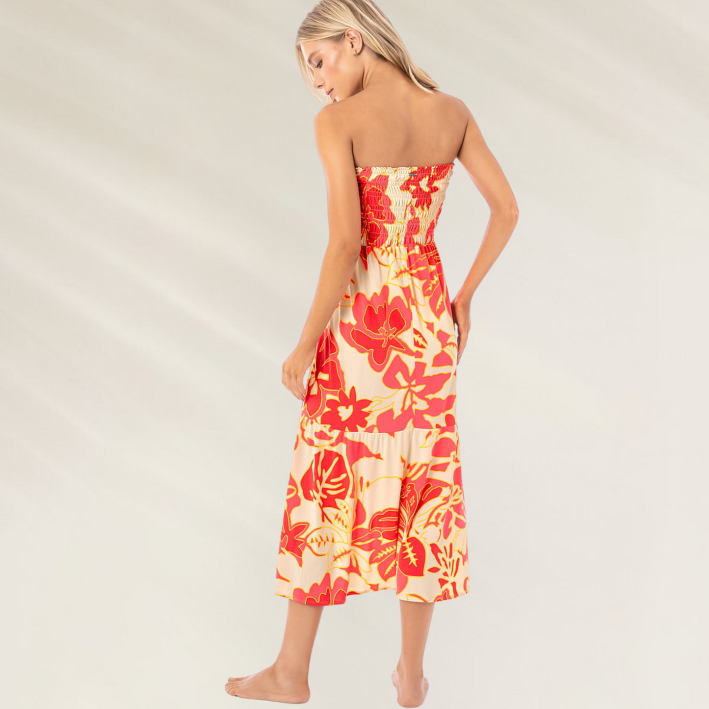 Vestido comprido Maaji com estampa floral em vermelho e amarelo Vestido-Saia Maaji – Versatilidade Incomparável