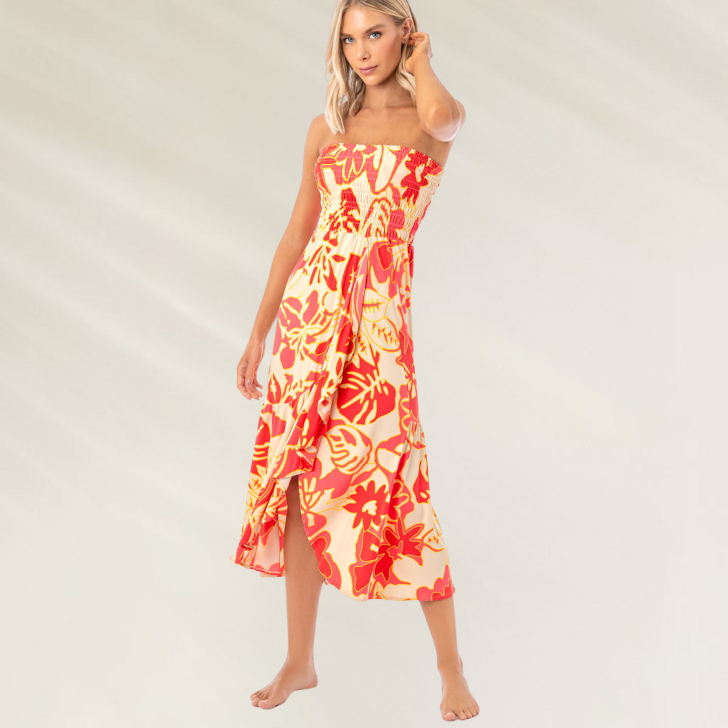 Vestido comprido floral Maaji com design leve e casual destacando Vestido-Saia Maaji – Versatilidade Incomparável