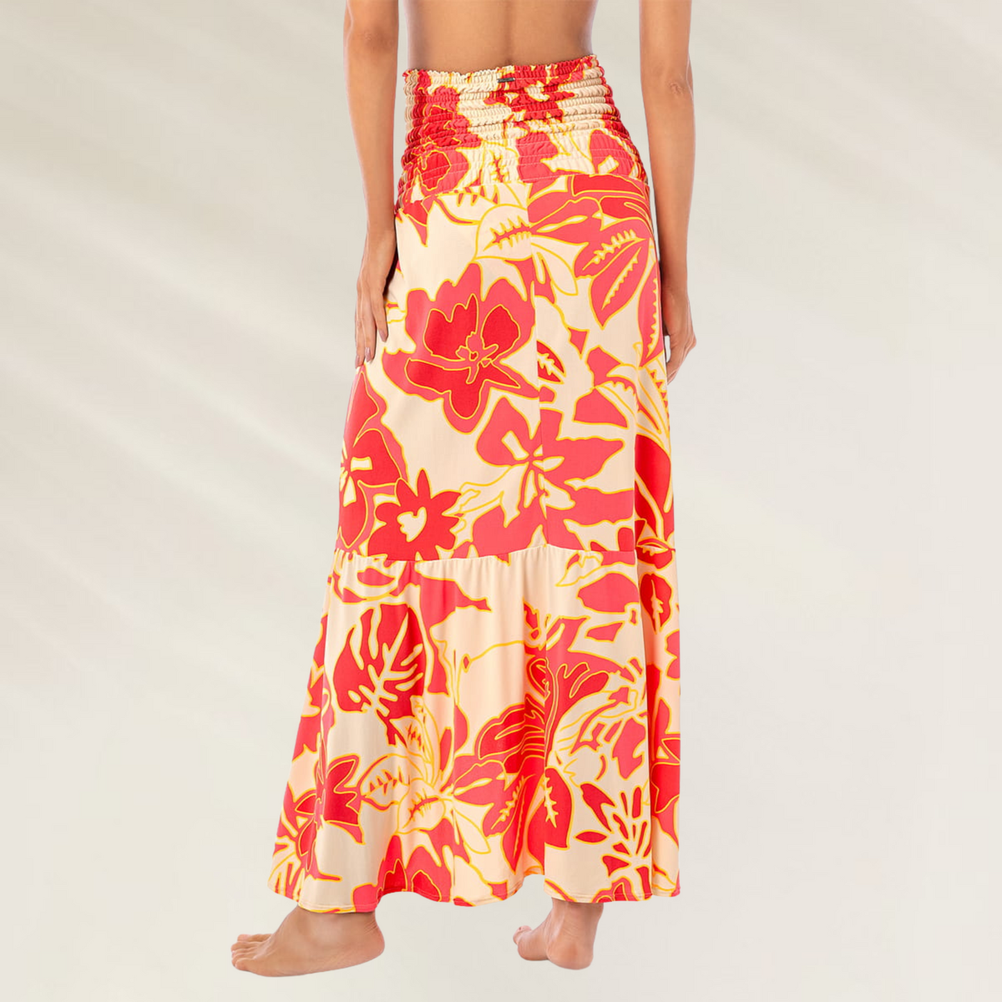 Vestido comprido floral da Maaji com cós franzido e design vibrante Vestido-Saia Maaji – Versatilidade Incomparável