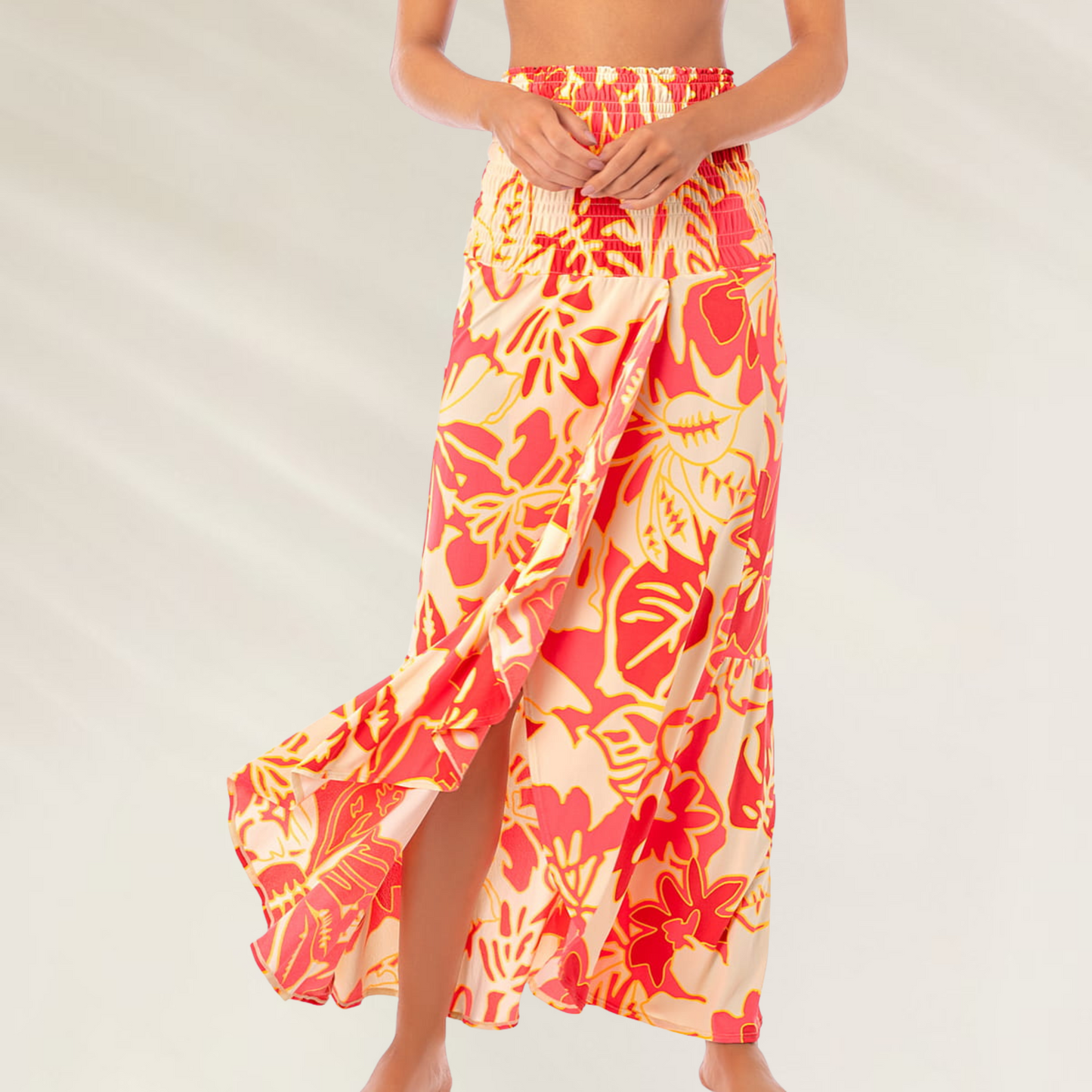 Vestido comprido Maaji com estampa floral vermelha e amarela fluida e elegante Vestido-Saia Maaji – Versatilidade Incomparável