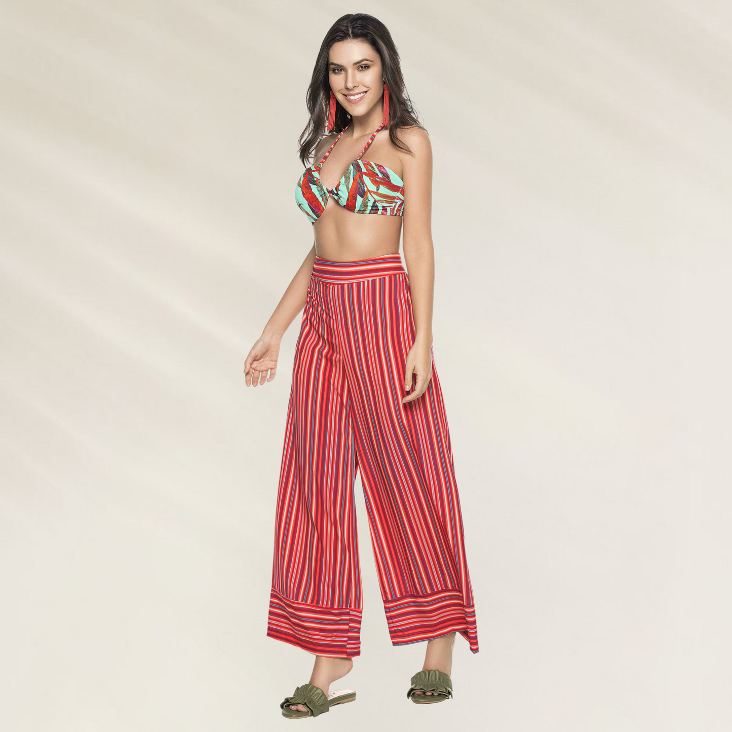 Calça pantalona listrada vermelha Phax com cintura alta para praia, alças Compridas Phax – Conforto e Estilo Tropical.