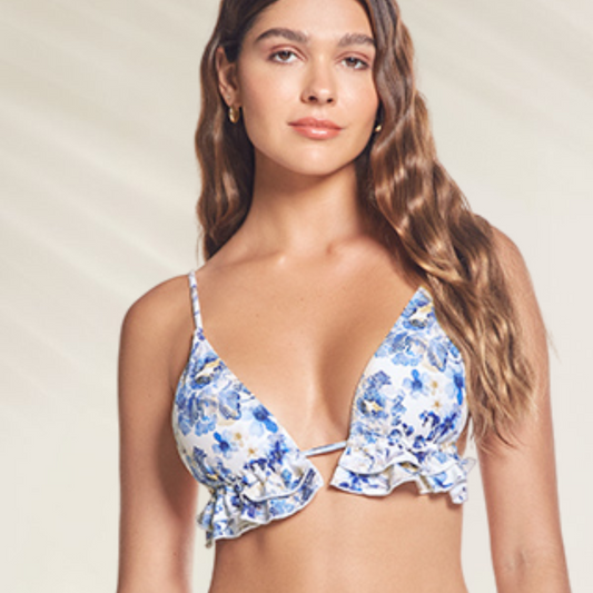 Top Triângulo com Folhos Phax em estampa floral azul com alças finas ajustáveis